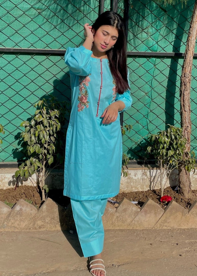 Haya'S Creation Embroidered Sky Blue Lawn Short Dress Women 2pcs