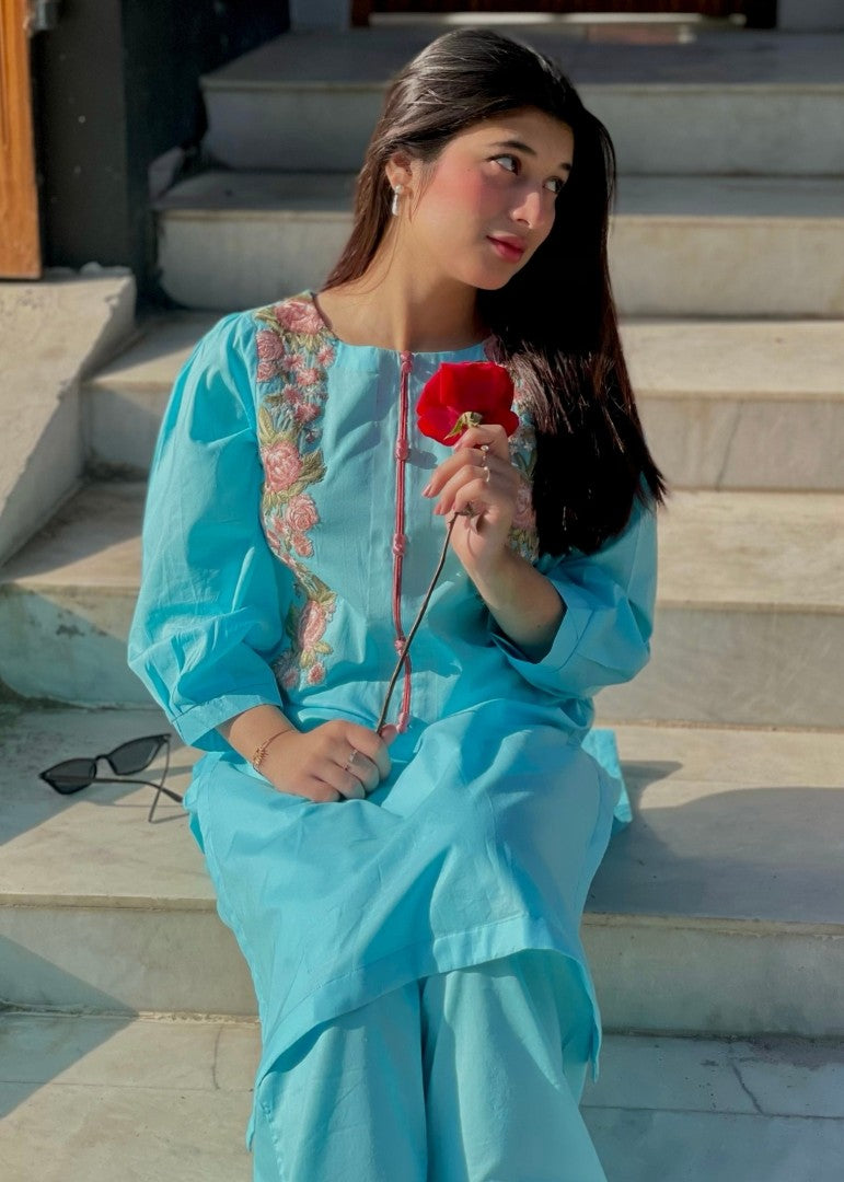 Haya'S Creation Embroidered Sky Blue Lawn Short Dress Women 2pcs