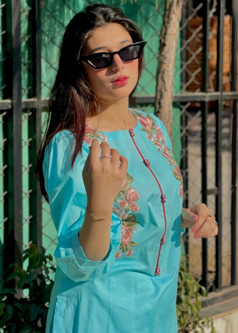 Haya'S Creation Embroidered Sky Blue Lawn Short Dress Women 2pcs
