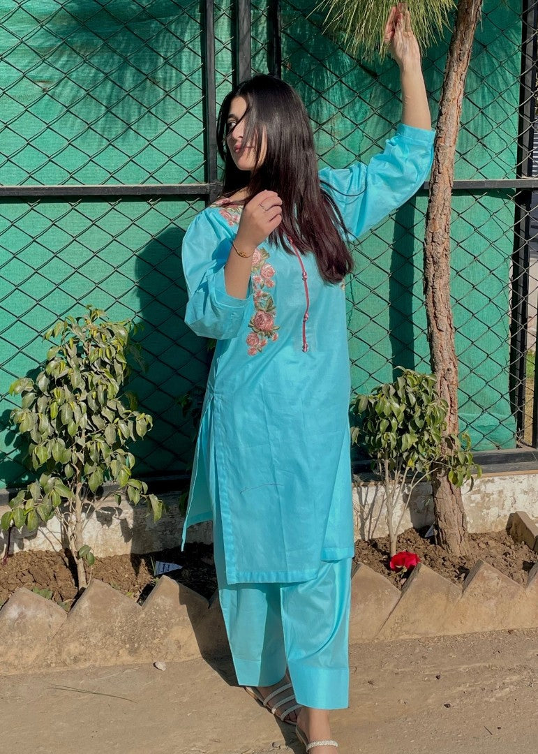 Haya'S Creation Embroidered Sky Blue Lawn Short Dress Women 2pcs