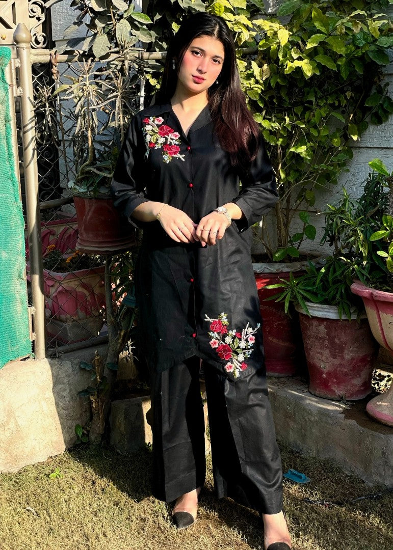 Haya'S Creation Embroidered Black Lawn Short Dress Women 2pcs
