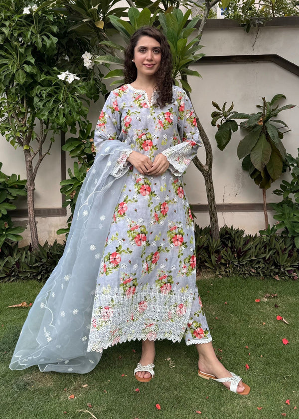 Naaz Couture Blue Print Lawn Chikankari Suit Women 3pcs