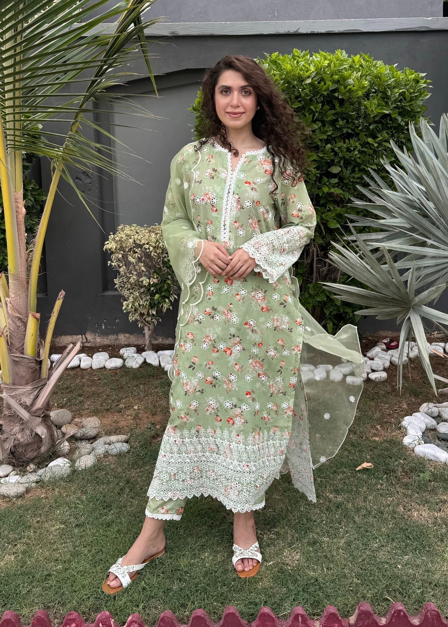Naaz Couture Pistachio Green Lawn Chikankari Suit Women 3pcs