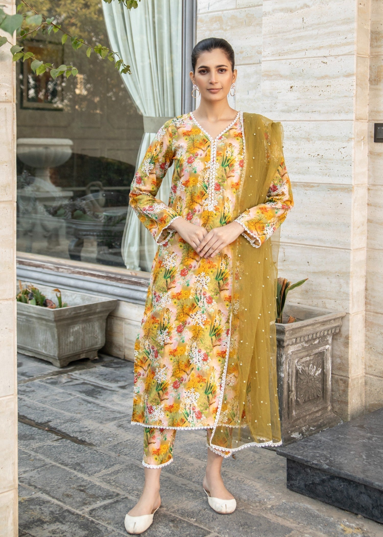 Naaz Couture Greenish Yellow Lawn Chikankari Suit Women 3pcs