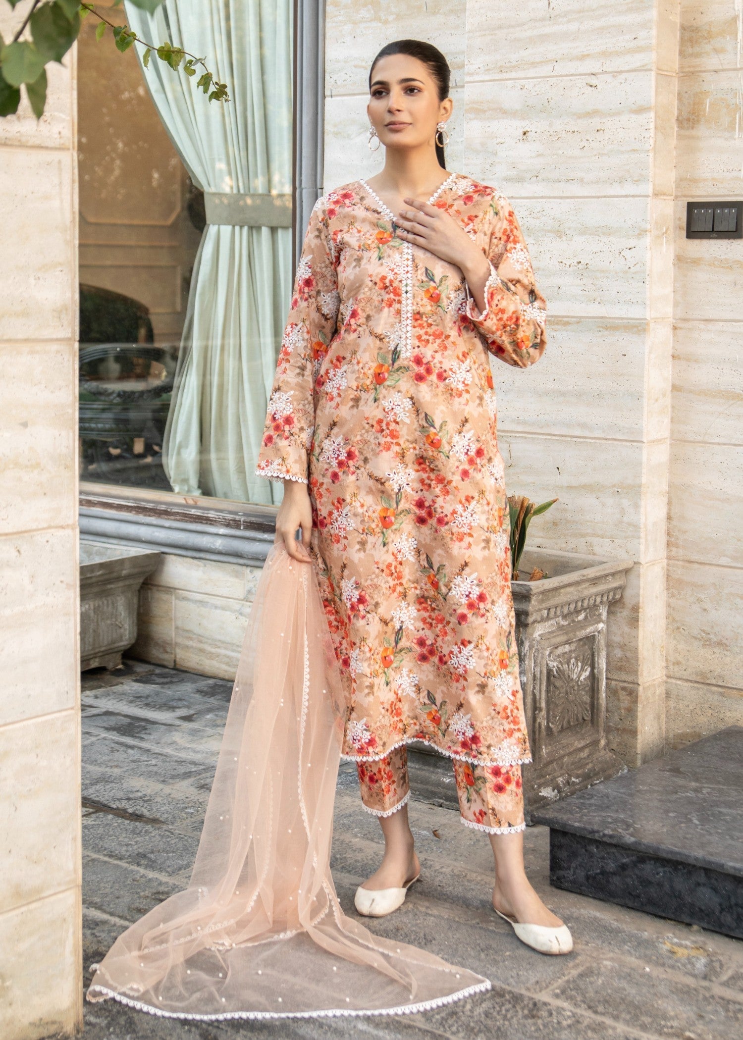 Naaz Couture Peach Lawn Chikankari Suit Women 3pcs