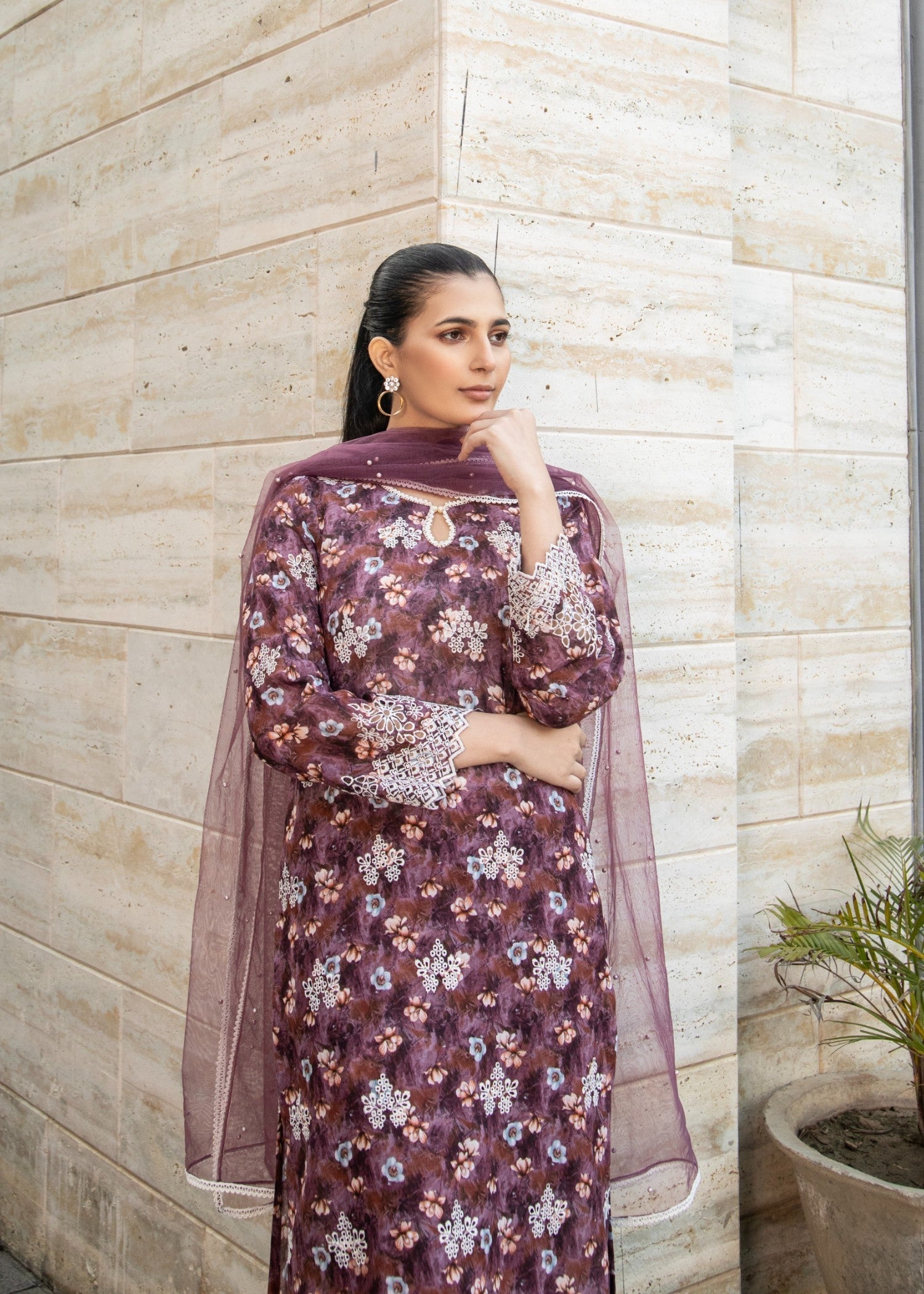 Naaz Couture Mauve Lawn Chikankari Suit Women 3pcs