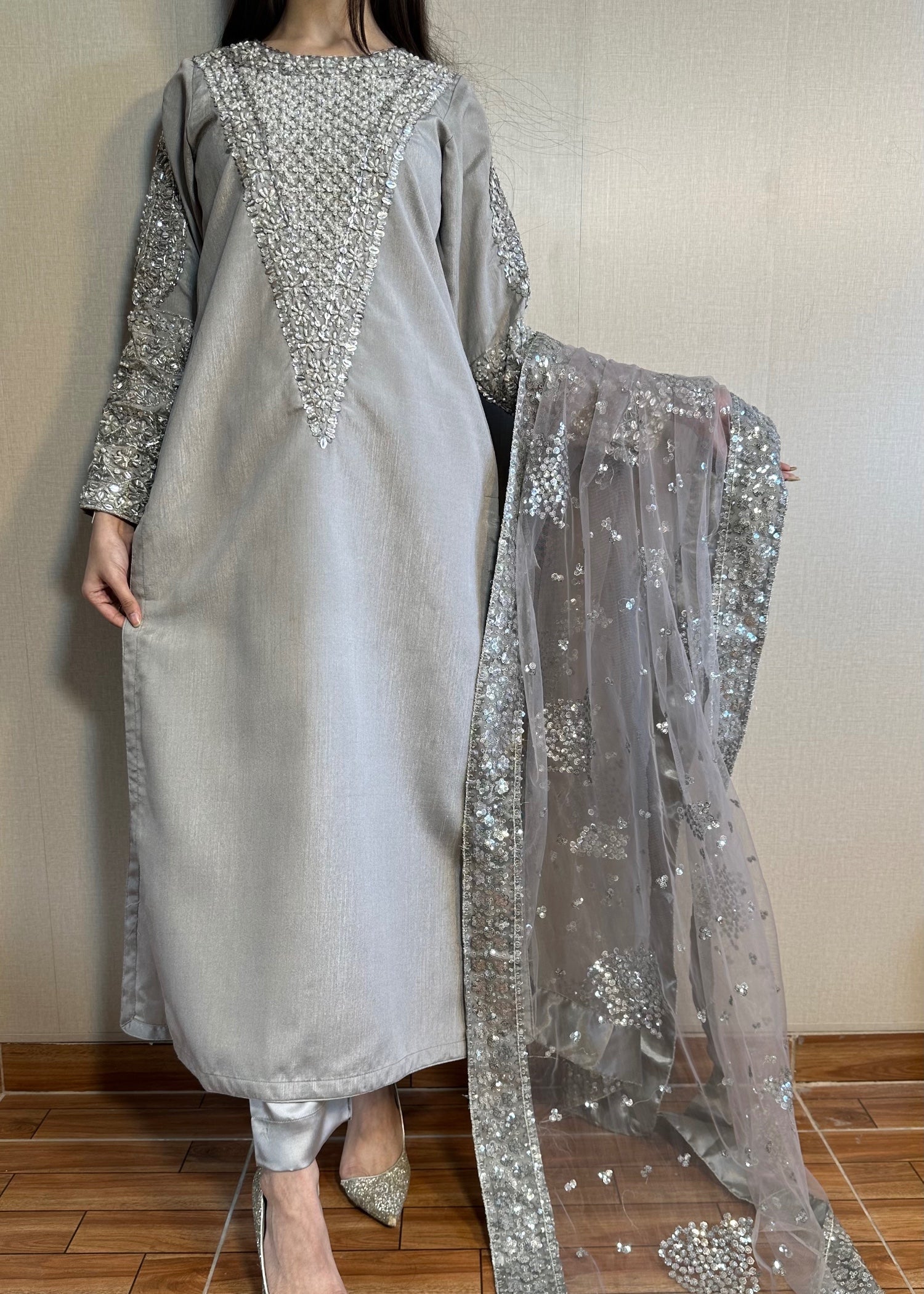 Suits By Sadia Silver grey silk Women 3pcs