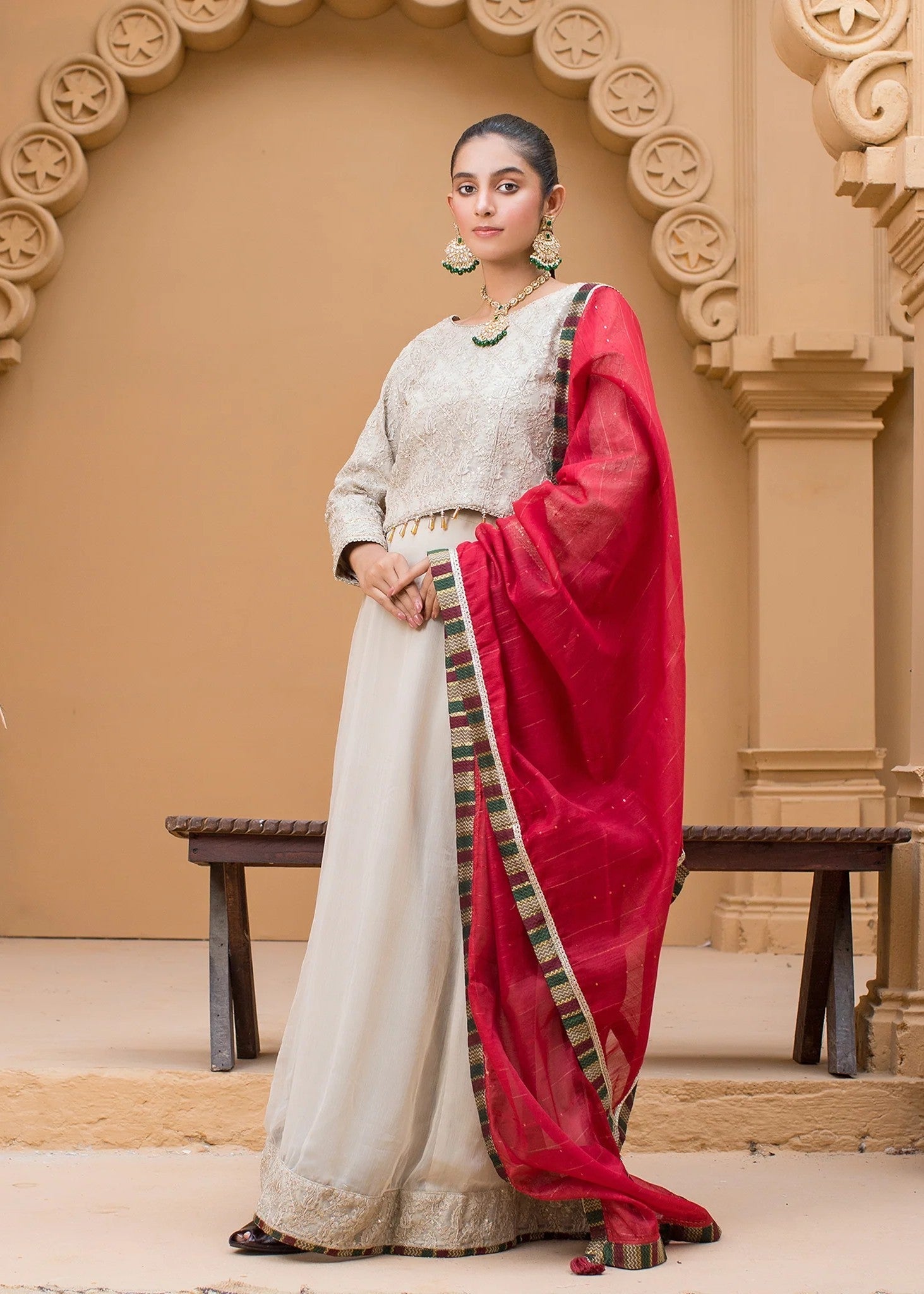 Urban Cut Embroidered Suit | Light Beige Women 3pcs