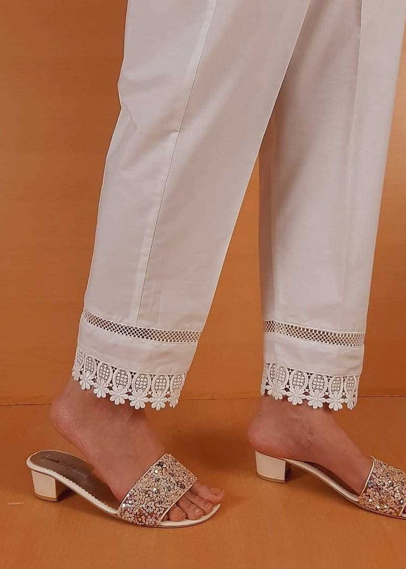 Zardi Laces Embellished Trouser Pant Cotton White ZT427 Women 1pcs