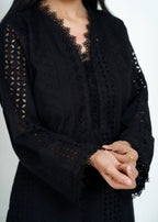 Bint-E-Hussain Stripe Chikankari Kurta Set Black Women 2pcs