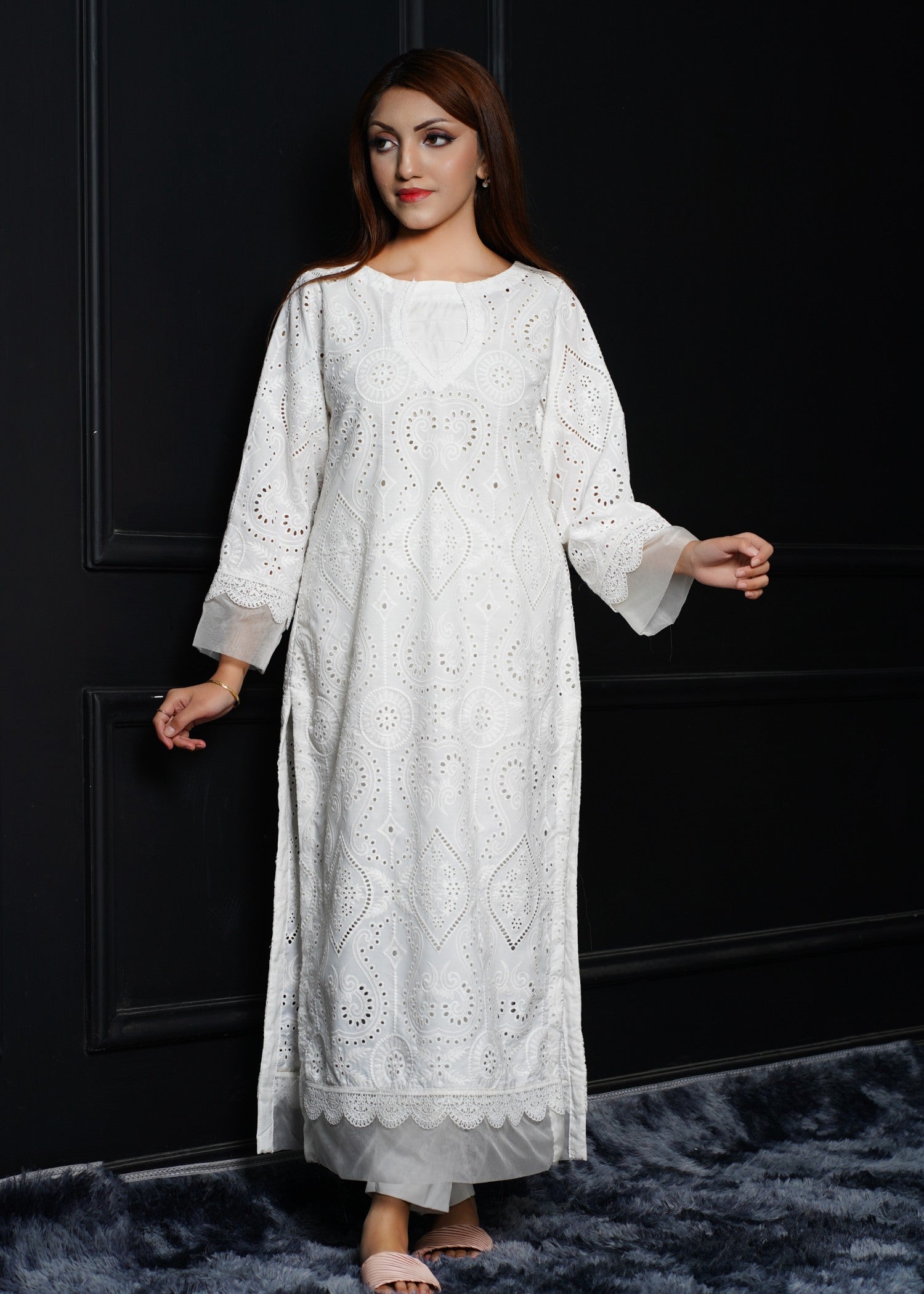 Bint-E-Hussain Chikankari Organza kurta Set White Women 2pcs
