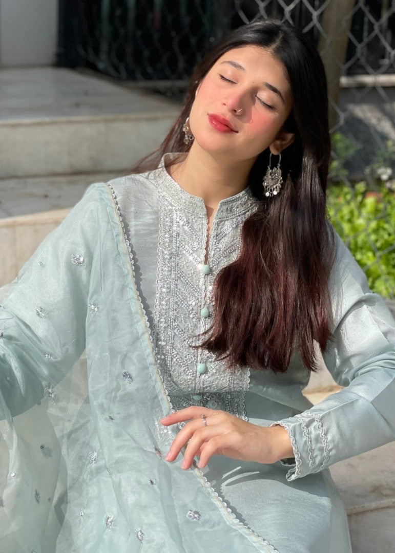 Haya'S Creation Embroidered Ice Blue Raw Silk Dress Women 3pcs