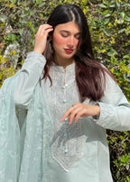 Haya'S Creation Embroidered Ice Blue Raw Silk Dress Women 3pcs