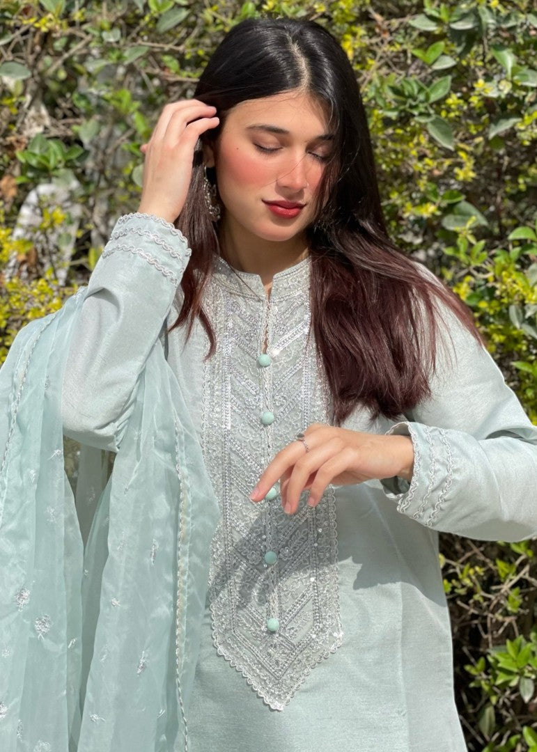 Haya'S Creation Embroidered Ice Blue Raw Silk Dress Women 3pcs
