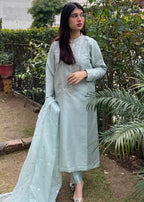 Haya'S Creation Embroidered Ice Blue Raw Silk Dress Women 3pcs
