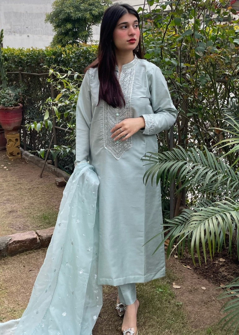 Haya'S Creation Embroidered Ice Blue Raw Silk Dress Women 3pcs
