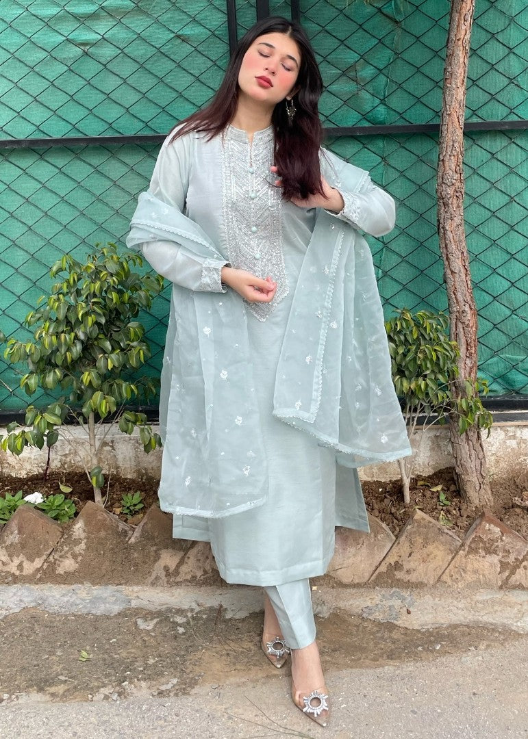 Haya'S Creation Embroidered Ice Blue Raw Silk Dress Women 3pcs