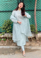 Haya'S Creation Embroidered Ice Blue Raw Silk Dress Women 3pcs