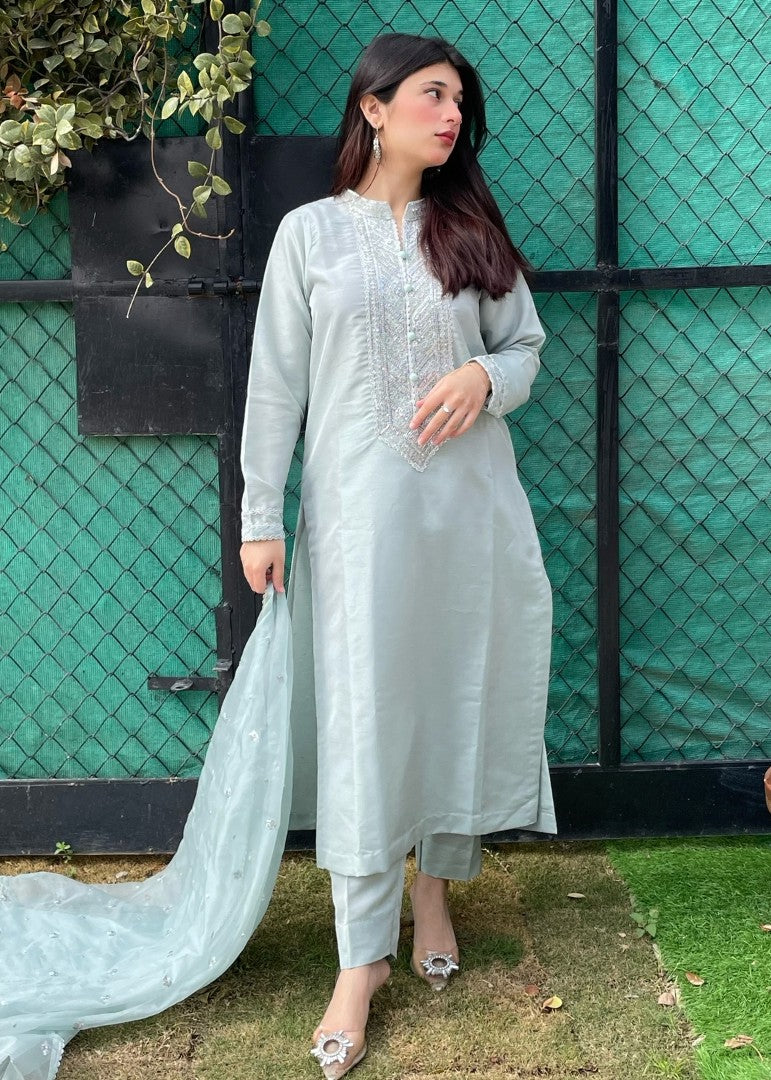 Haya'S Creation Embroidered Ice Blue Raw Silk Dress Women 3pcs
