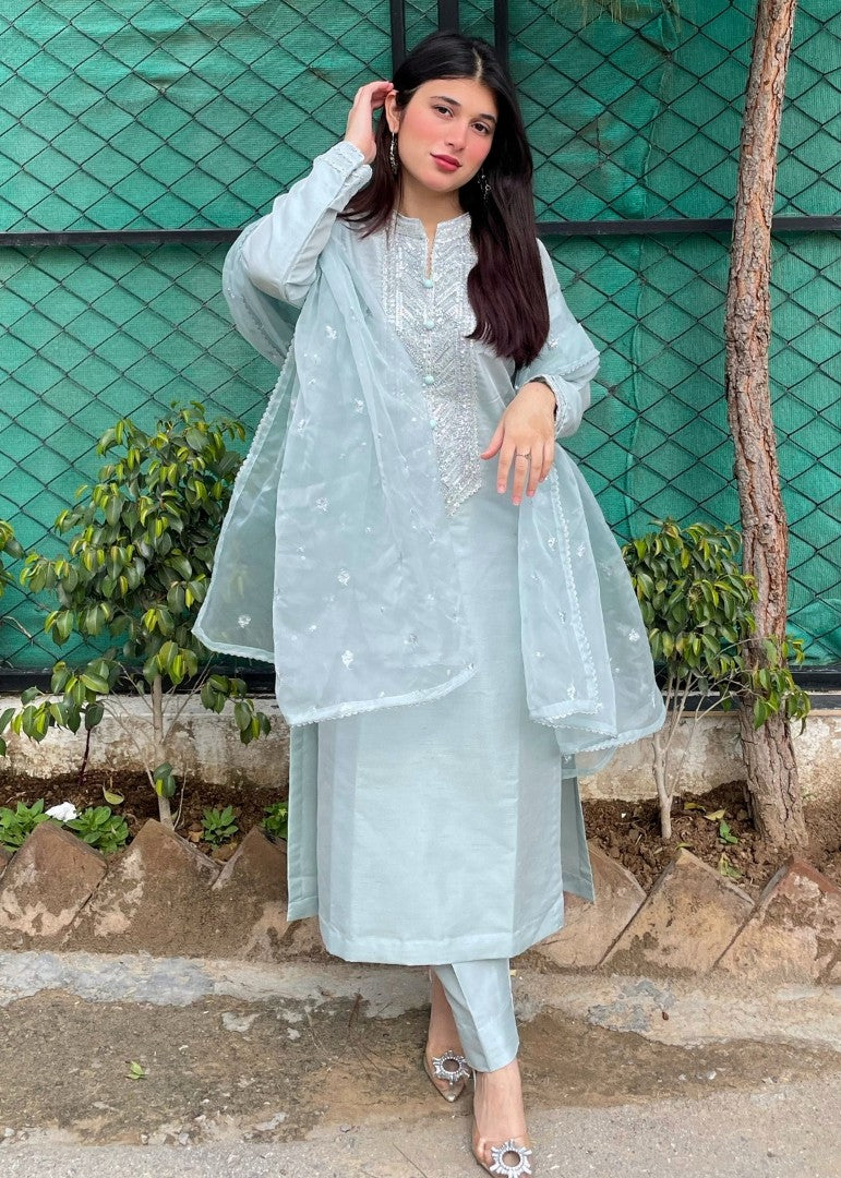 Haya'S Creation Embroidered Ice Blue Raw Silk Dress Women 3pcs