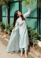 Haya'S Creation Embroidered Ice Blue Raw Silk Dress Women 3pcs