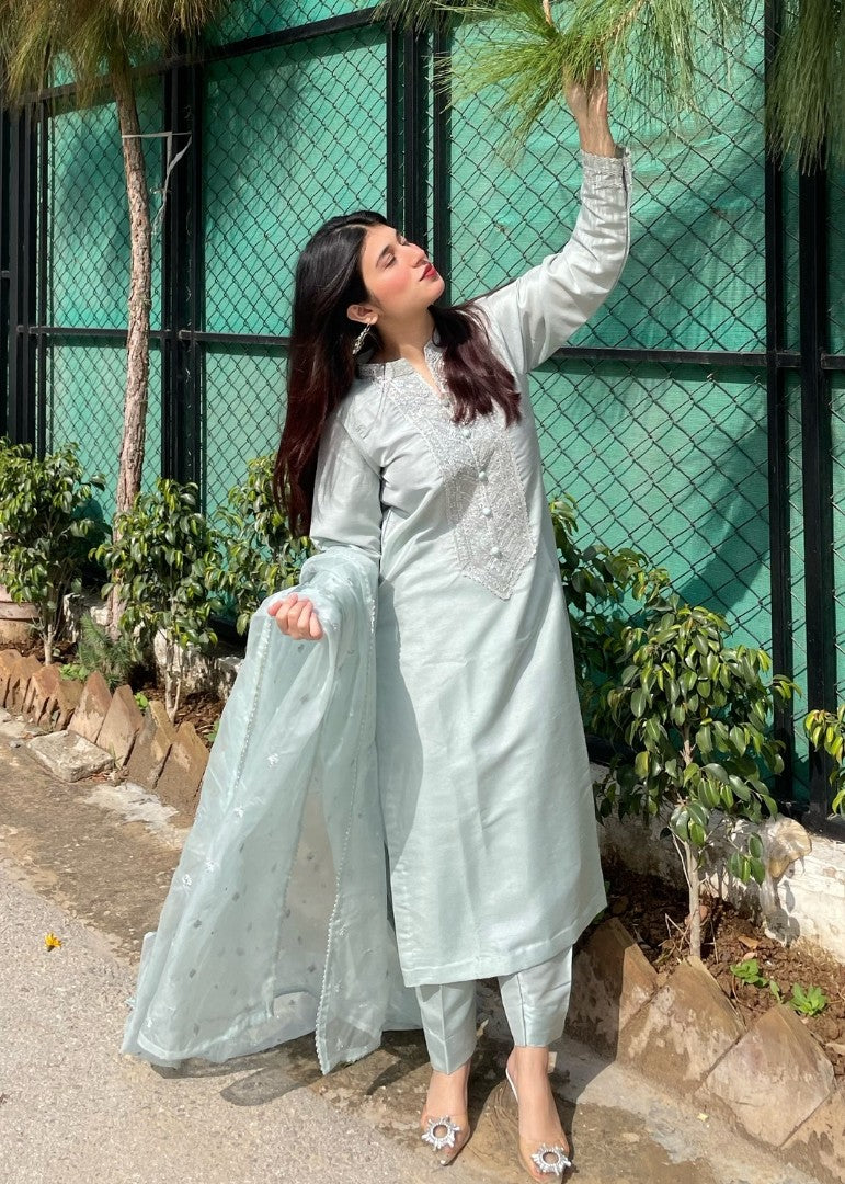Haya'S Creation Embroidered Ice Blue Raw Silk Dress Women 3pcs