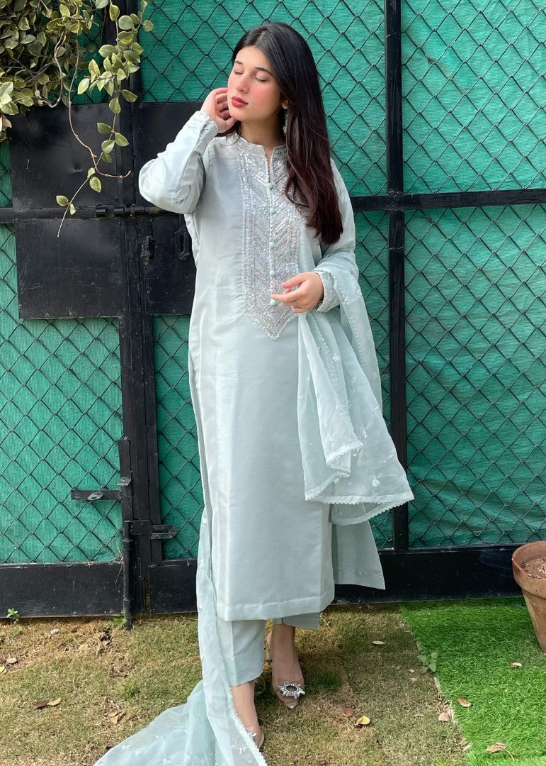 Haya'S Creation Embroidered Ice Blue Raw Silk Dress Women 3pcs