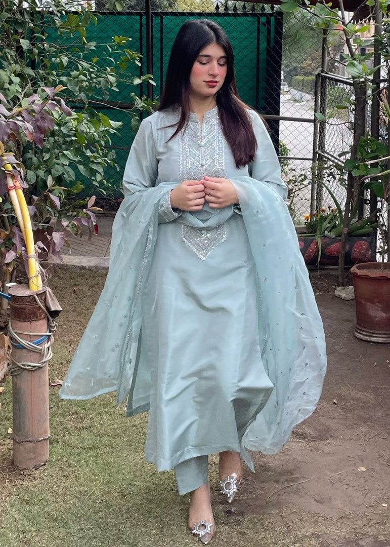 Haya'S Creation Embroidered Ice Blue Raw Silk Dress Women 3pcs