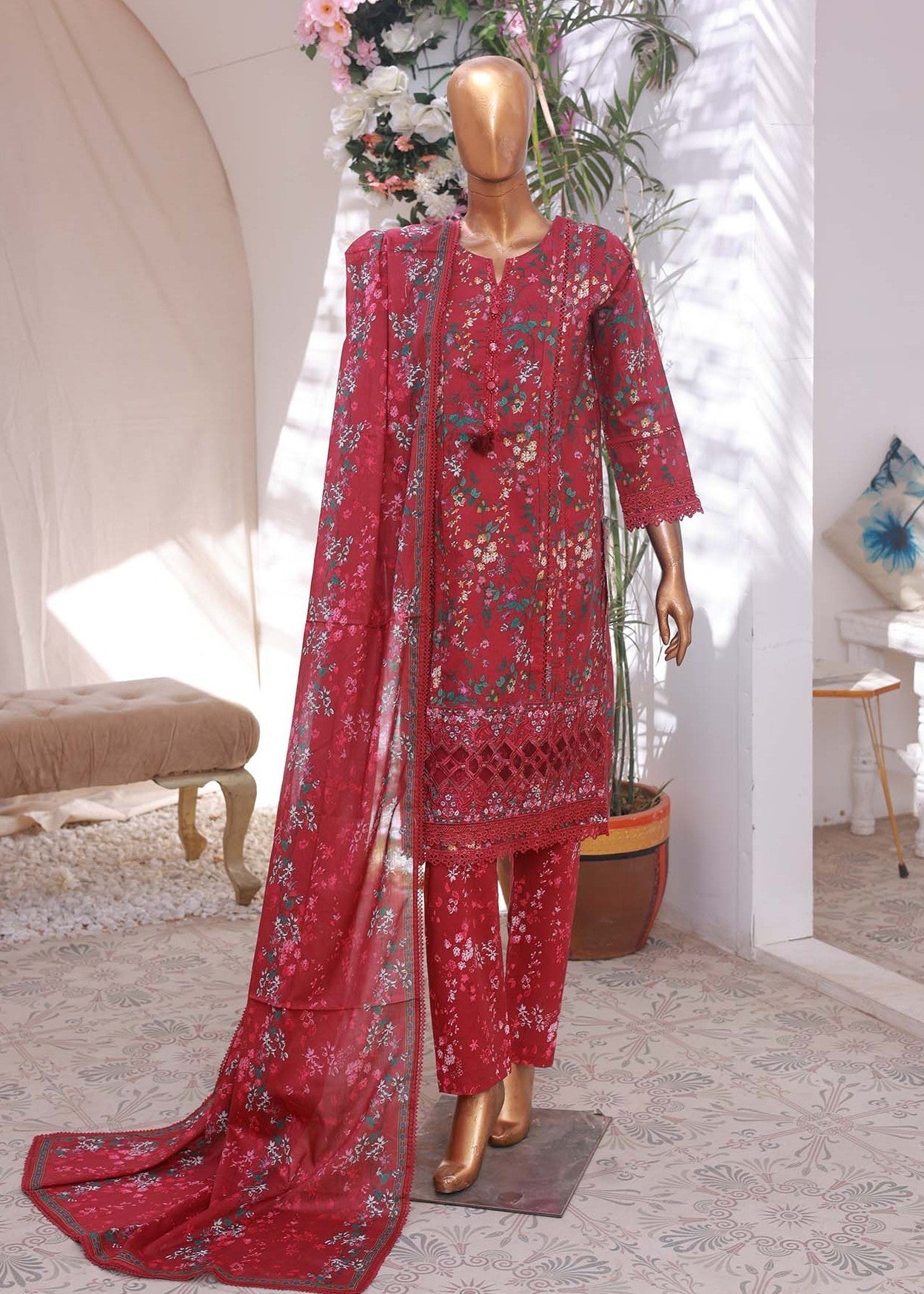 Suntex Fabrics MAROON SHIRT EMBROIDERED Women 3pcs