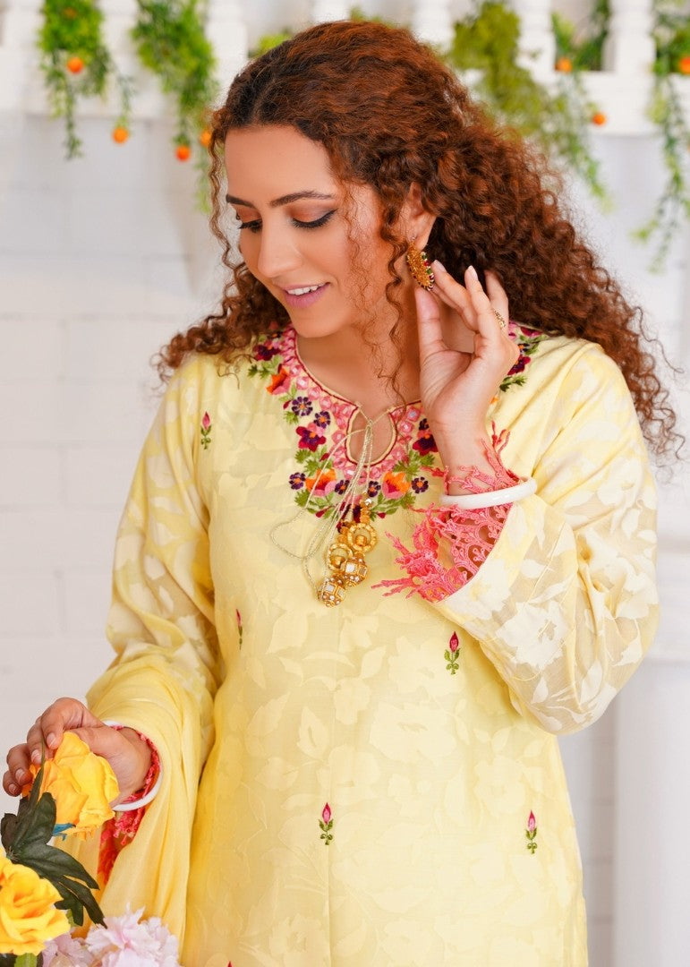Haya'S Creation Embroidered Lemon Broshia Lawn Dress Women 3pcs