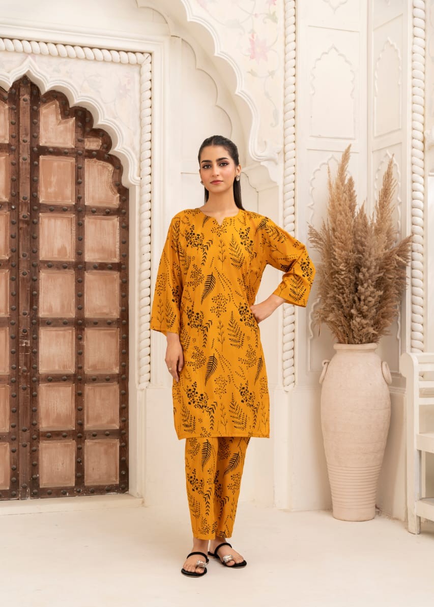 Gulposh FLORAL LEAF (STITCHED ) MUSTARD Women 2pcs