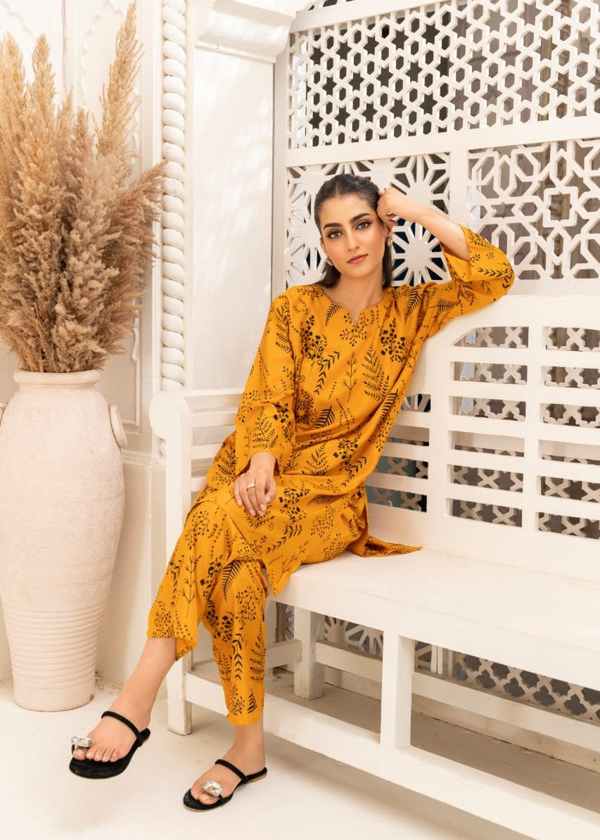 Gulposh FLORAL LEAF (STITCHED ) MUSTARD Women 2pcs
