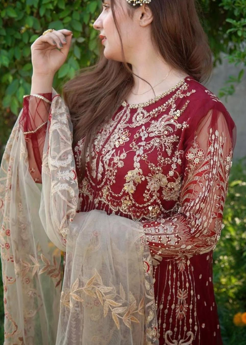 Suits By Sadia Merium mehroon maxi Women 3pcs