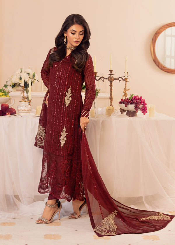Merakish Deep Claret luxury Chiffon embroidered suit Women 3pcs