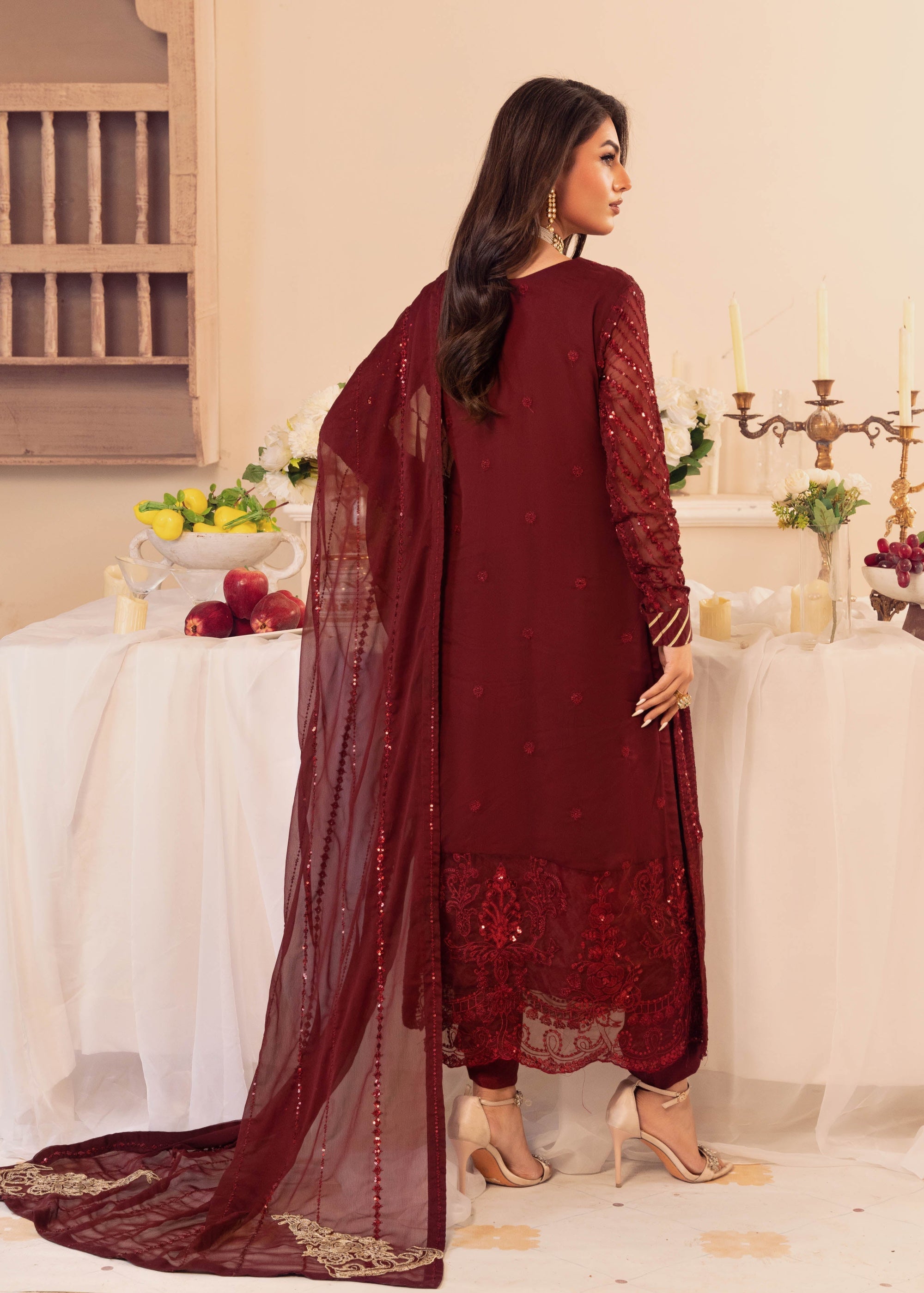 Merakish Deep Claret luxury Chiffon embroidered suit Women 3pcs