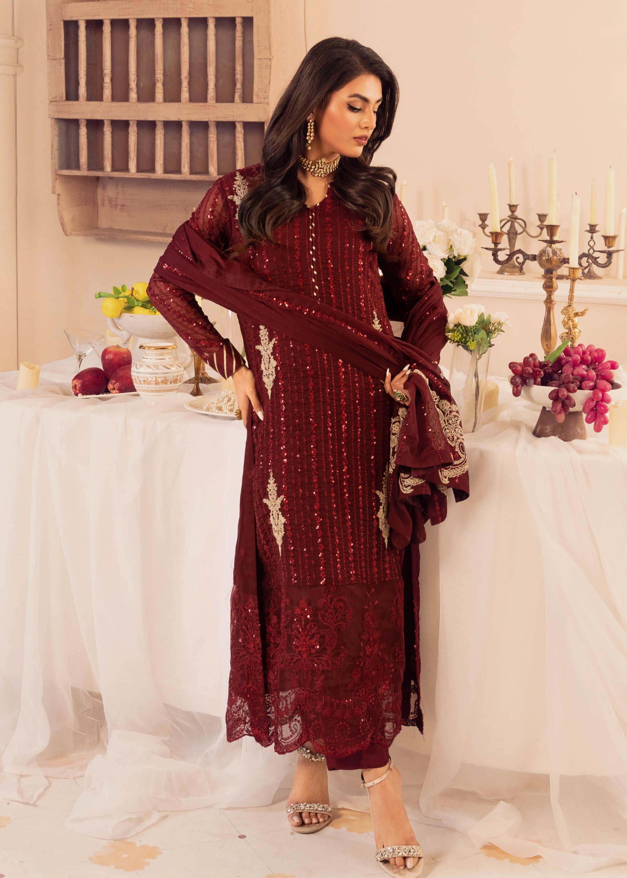 Merakish Deep Claret luxury Chiffon embroidered suit Women 3pcs