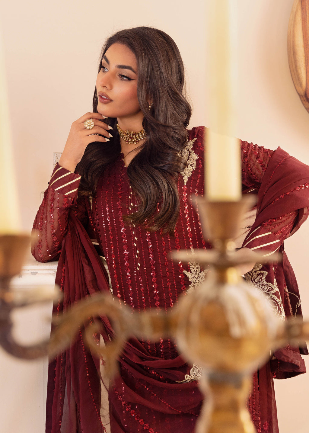Merakish Deep Claret luxury Chiffon embroidered suit Women 3pcs