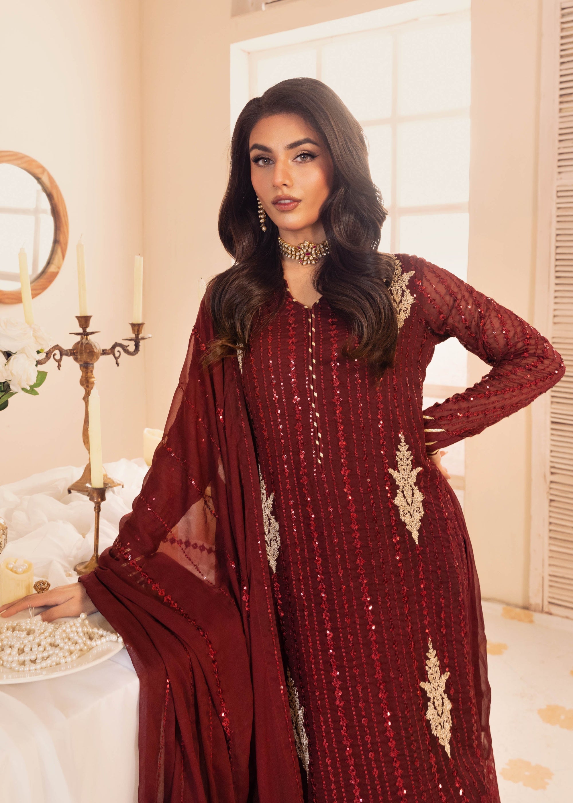 Merakish Deep Claret luxury Chiffon embroidered suit Women 3pcs