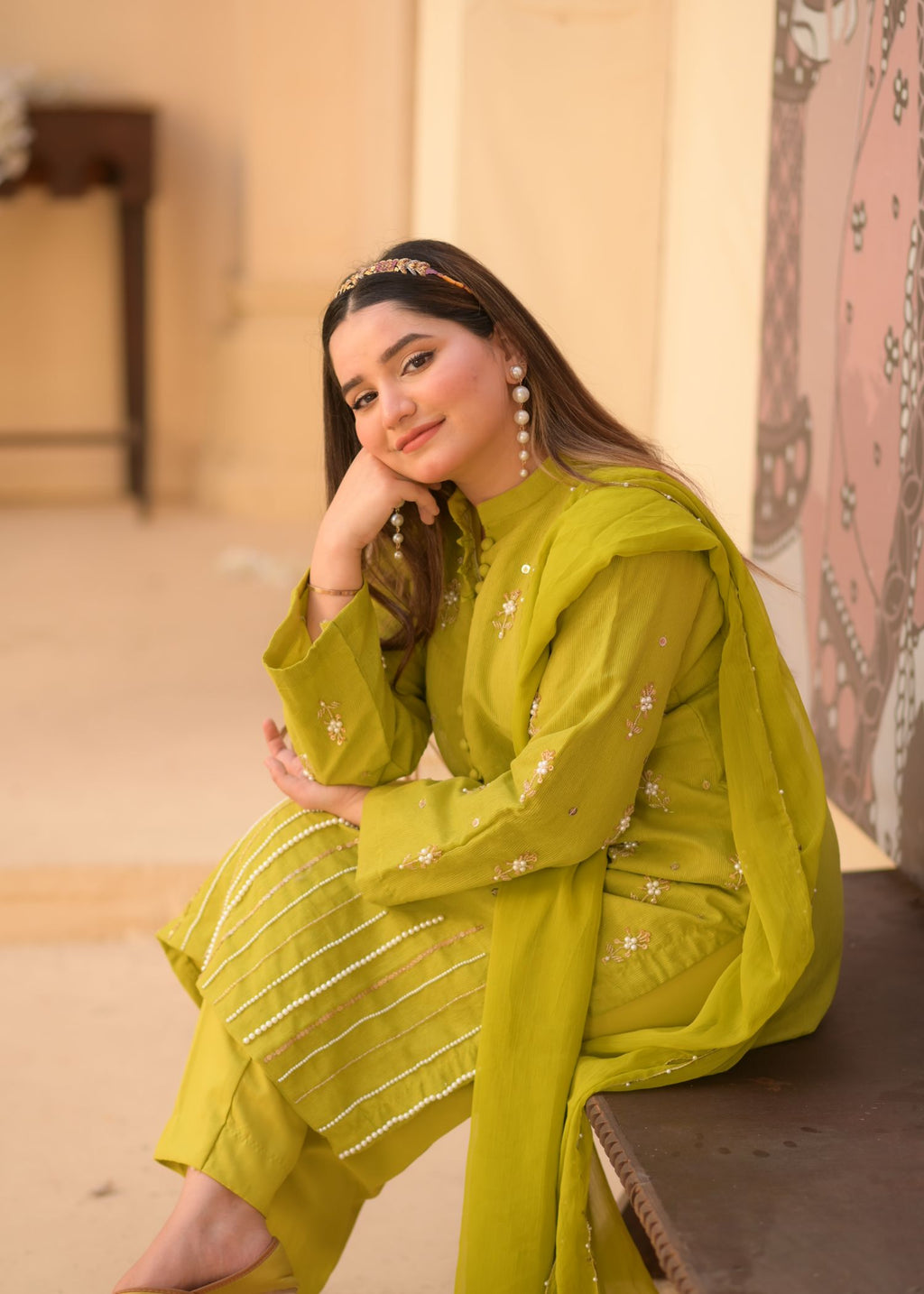 Ayesha B parrot green maha handwork Women 3pcs