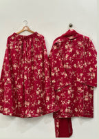 Ayesha B mehroon lawn suit flapper style (sabeen) Women 3pcs