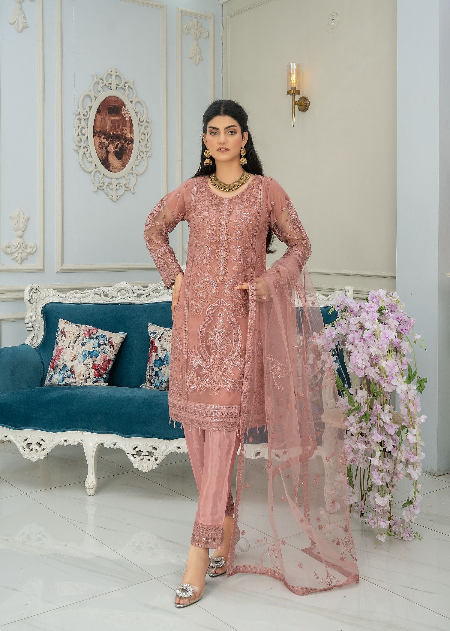 Pehnawa By Bin Akram’s TEA PINK TEMPTATION EMBROIDERED NET Women 3pcs