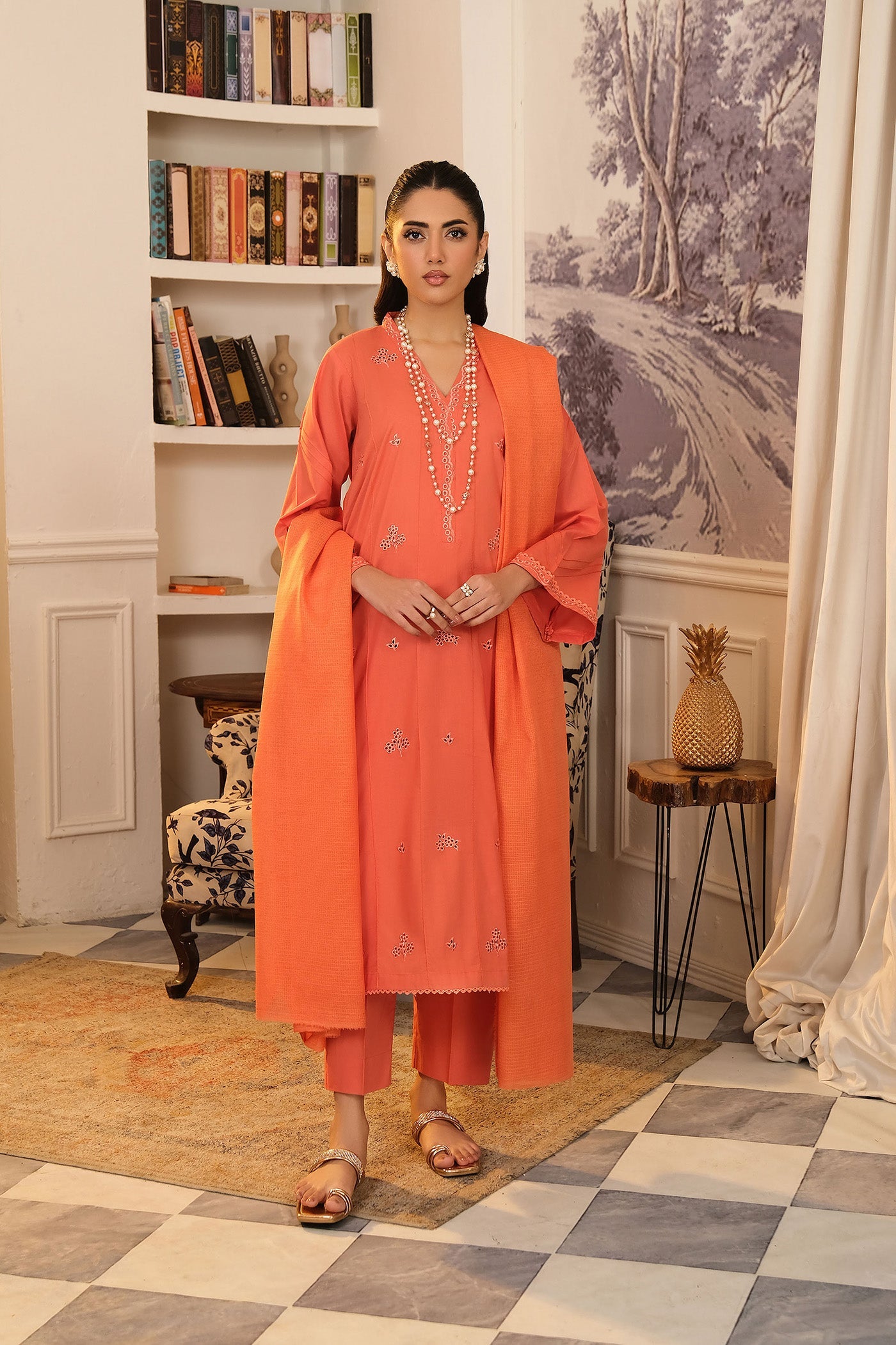 Buzzazi Orange Embroidered Suit Women 3pcs