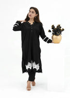 Pretbee Black Crochet Set with Pearl Buttons Women 2pcs