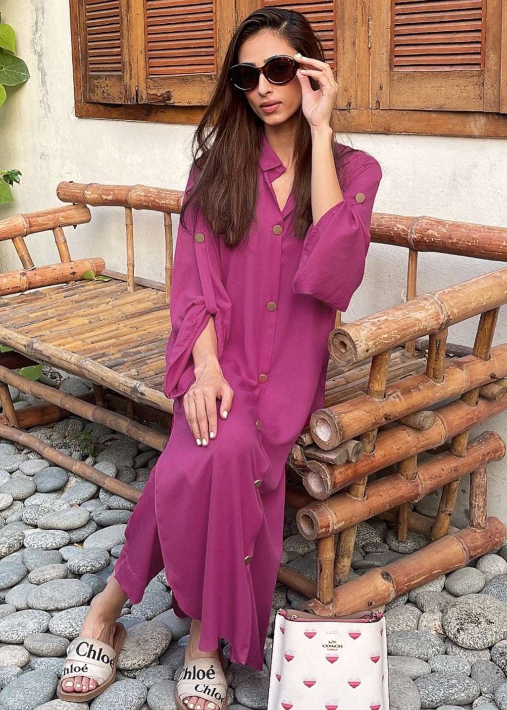 Peach Republic Elegant Buttoned Dress 02 (Hot Pink) Women 2pcs