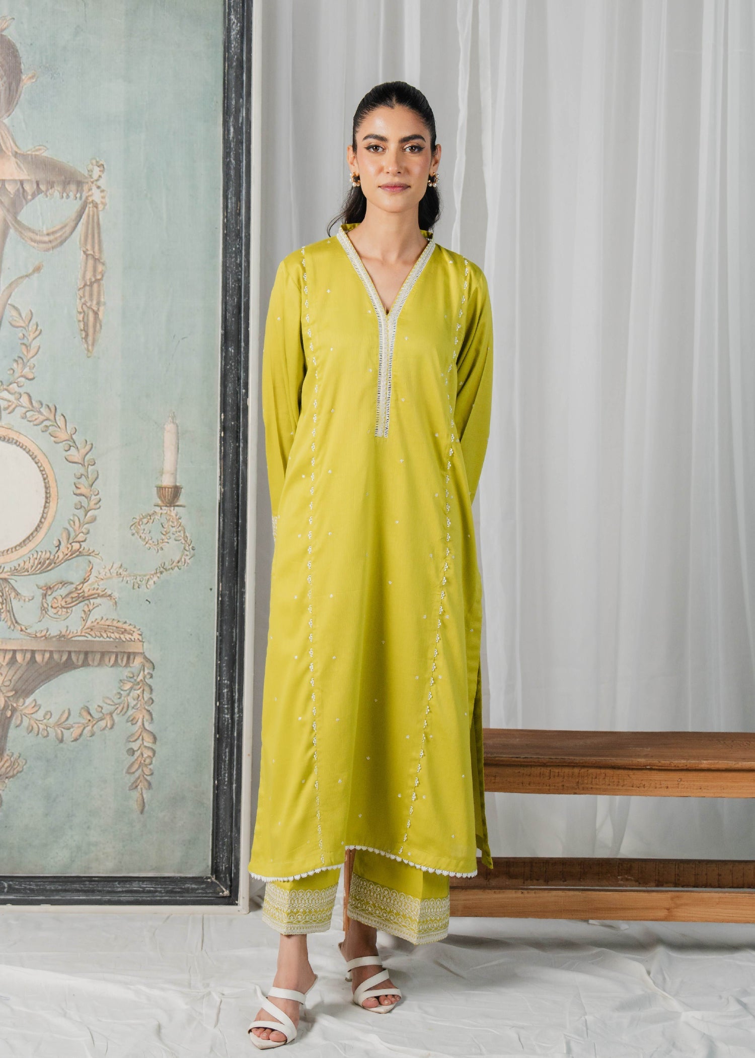 Buzzazi Embroidered Lime Suit Women 2pcs