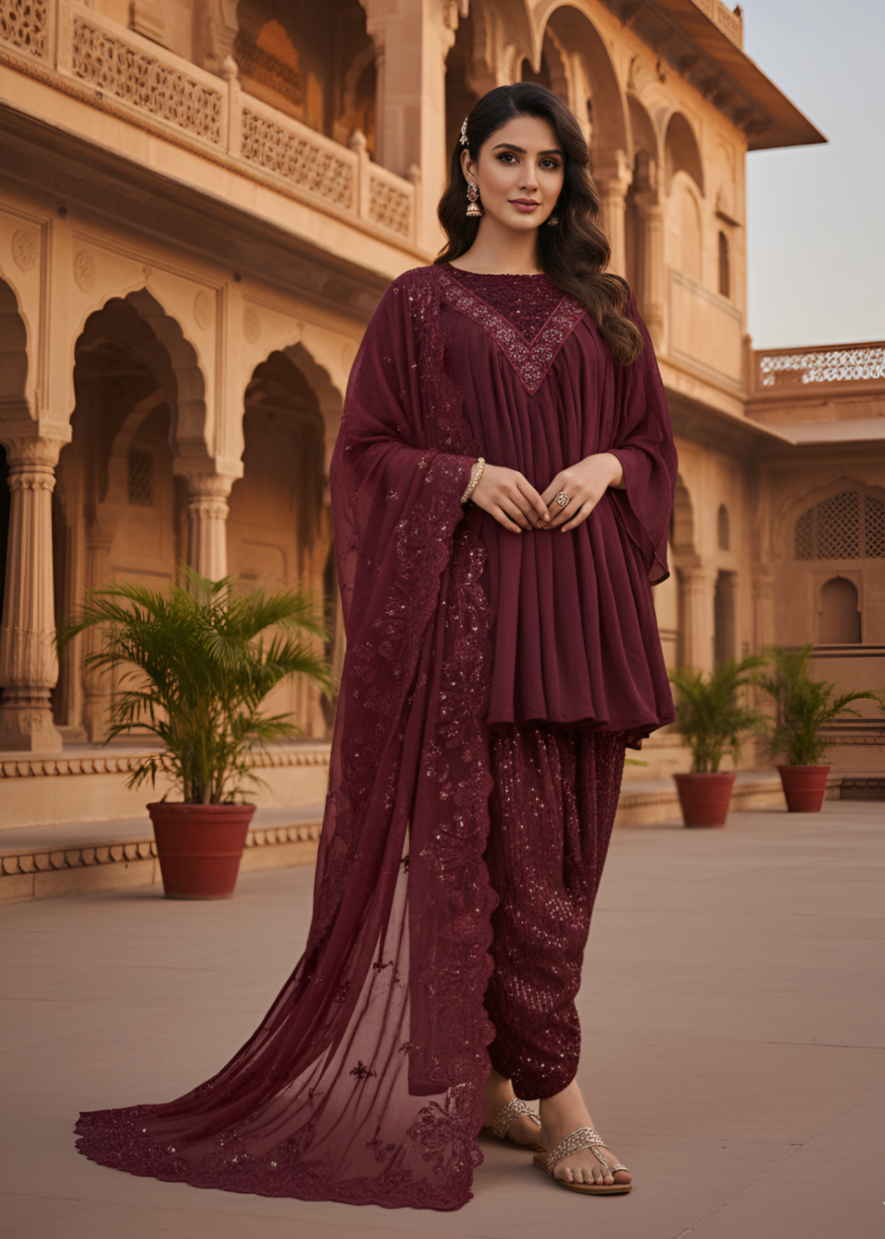 MMG Garments MAHIRA| CHIFFON EMBROIDERED FROCK MAROON MMG 1064 Women 3pcs