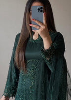 Suits By Sadia Bottle green net Women 3pcs