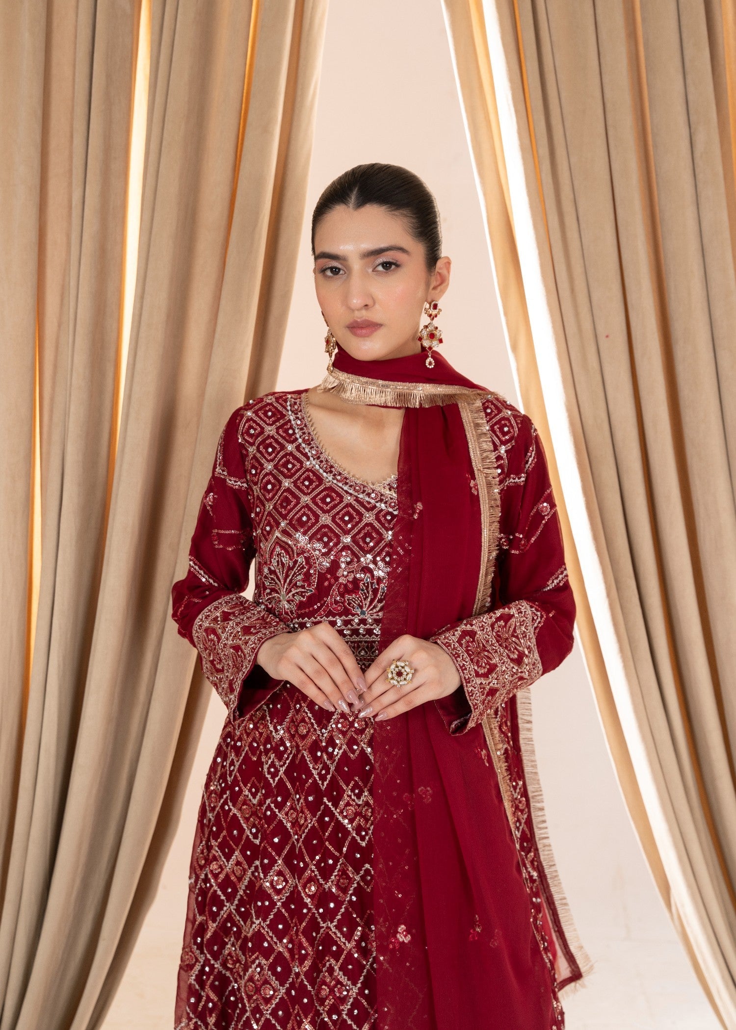 Hkb Officials Ameera Deep Maroon Chiffon Mirror Max Women 3pcs