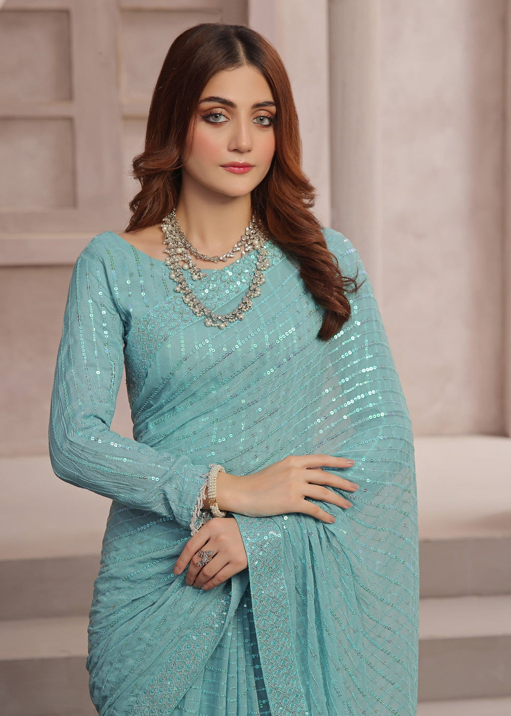 Luxeurs Ice blue Stitched Chiffon Saree Women 3pcs