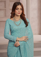 Luxeurs Ice blue Stitched Chiffon Saree Women 3pcs